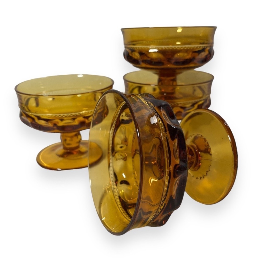 Vintage Kings Crown‎ 4 Piece Footed Sherbet Cup Indiana Glass Amber Thumbprint